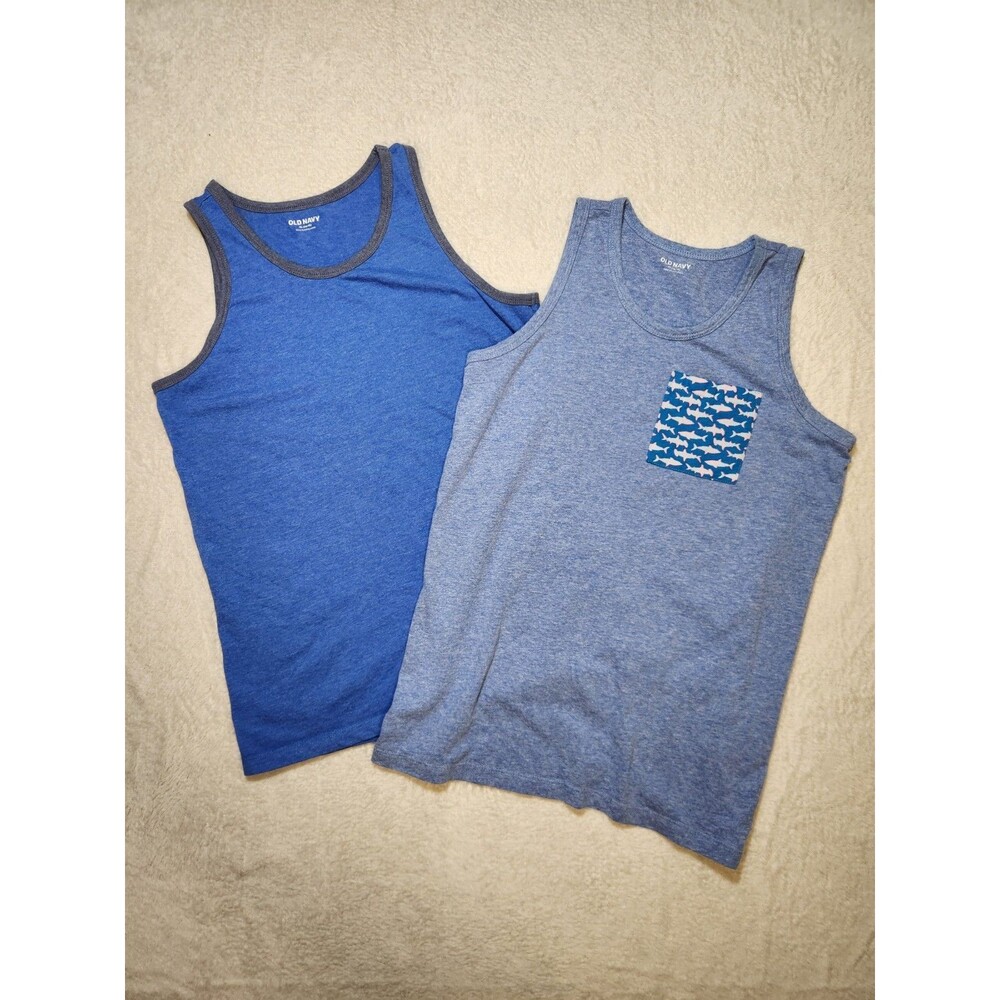 Old Navy Boys XL (14-16) Blue Cotton Jersey Tank Tops 2-Pack Shark Pocket